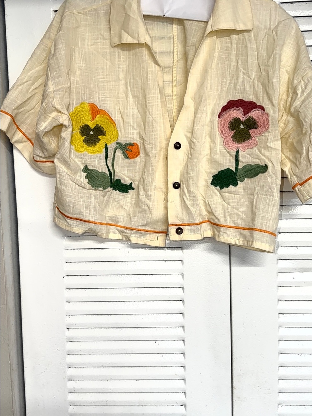 Cream Embroidered Floral Crop Button-Up Jacket